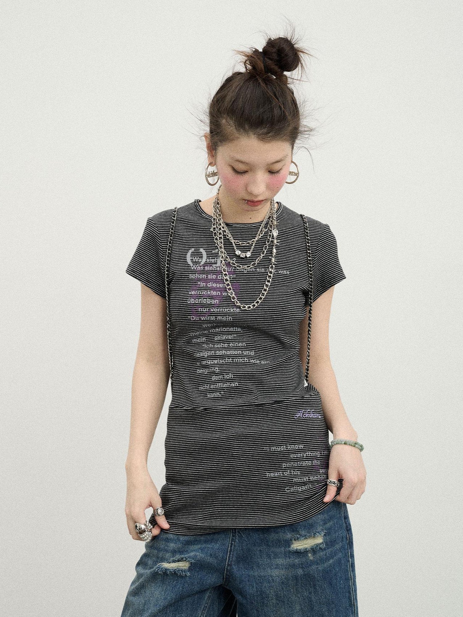 Achihara Distorted Pixel Stripe V Neck T Shirt Long Sleeve