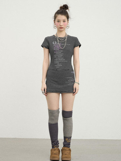 Achihara Distorted Pixel Stripe V Neck T Shirt Long Sleeve