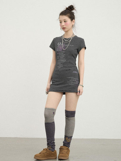 Achihara Distorted Pixel Stripe V Neck T Shirt Long Sleeve