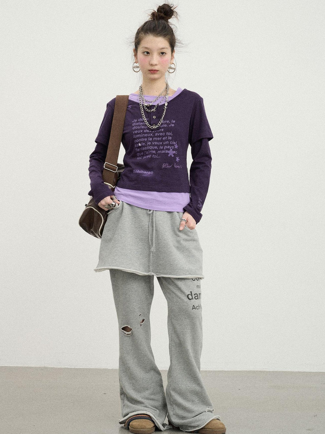 Achihara Distressed Love Letter Print Long Sleeve Tee