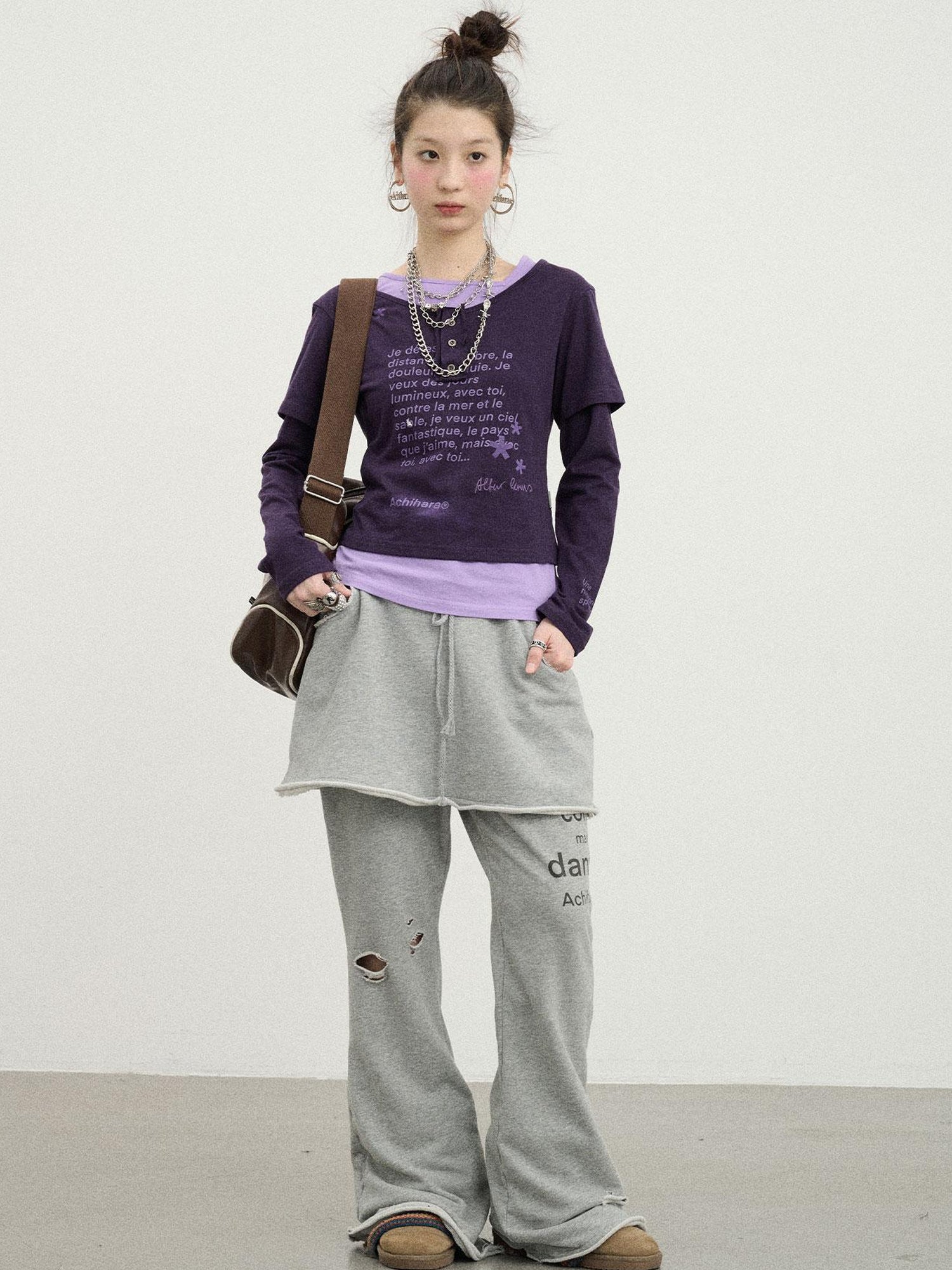 Achihara Distressed Love Letter Print Long Sleeve Tee