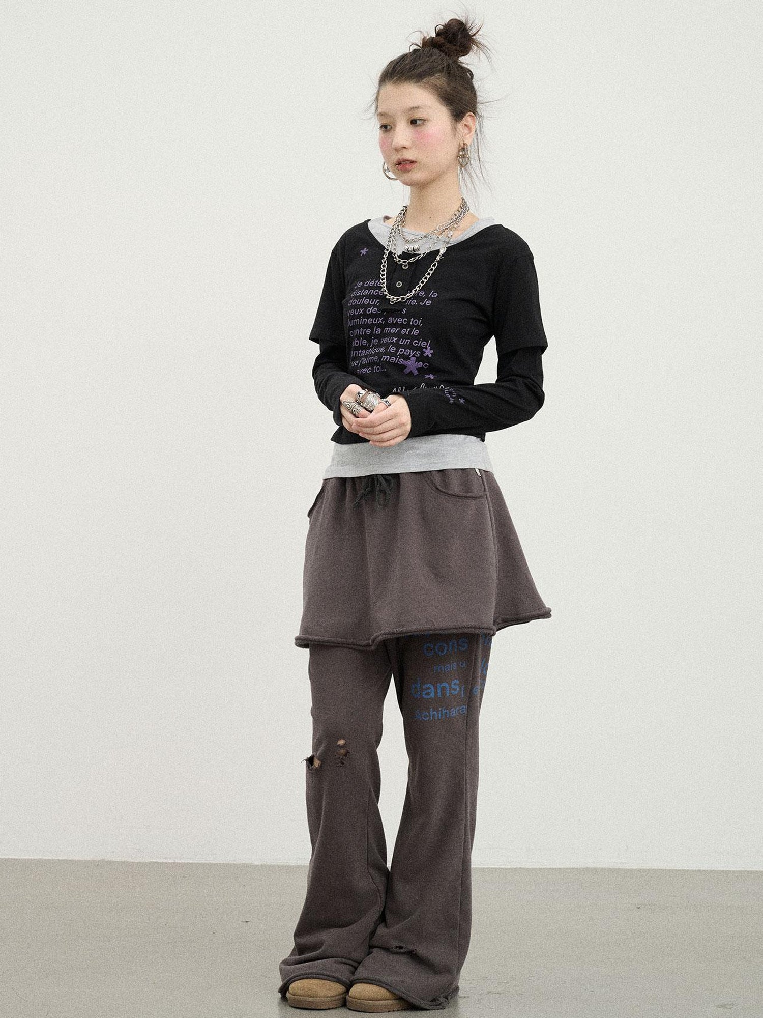 Achihara Distressed Love Letter Print Long Sleeve Tee