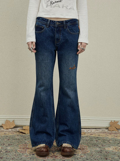 Achihara Embroidered Flared Jeans Distressed Denim Trousers-1