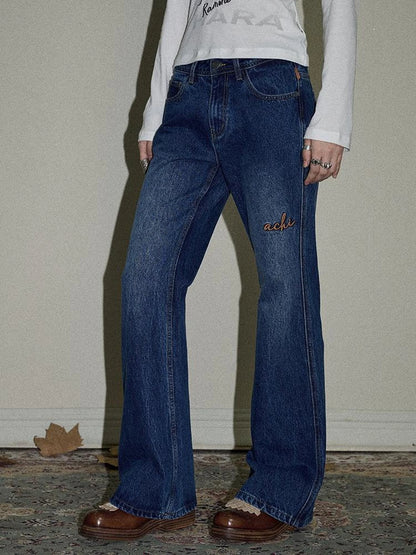 Embroidered Flared Jeans Distressed Denim Trousers