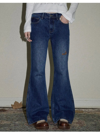 Embroidered Flared Jeans Distressed Denim Trousers