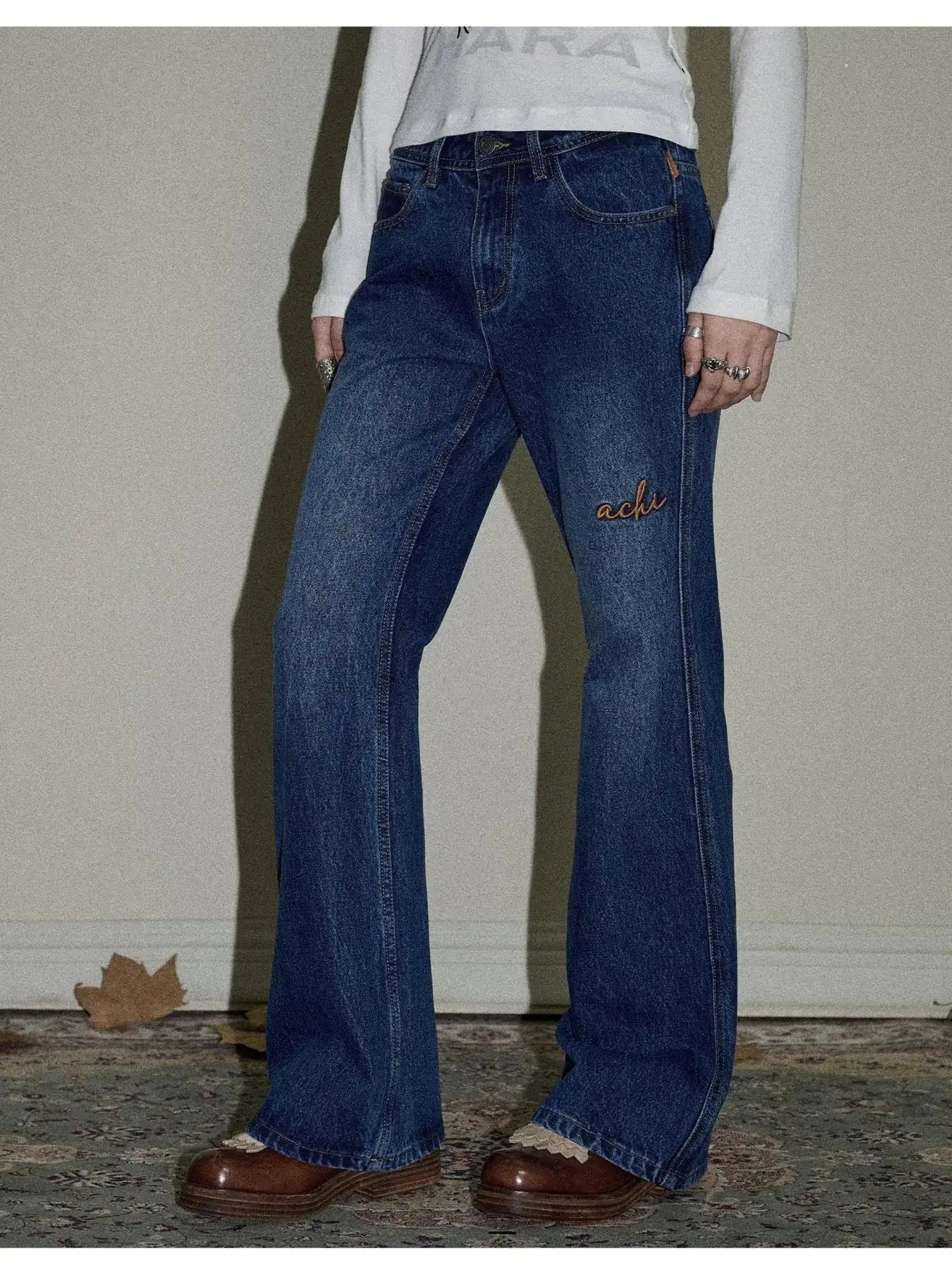 Embroidered Flared Jeans Distressed Denim Trousers