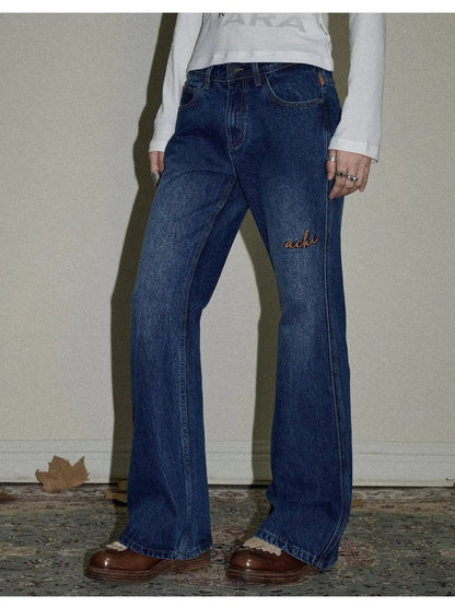 Embroidered Flared Jeans Distressed Denim Trousers