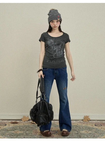 Embroidered Flared Jeans Distressed Denim Trousers
