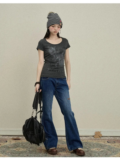 Embroidered Flared Jeans Distressed Denim Trousers
