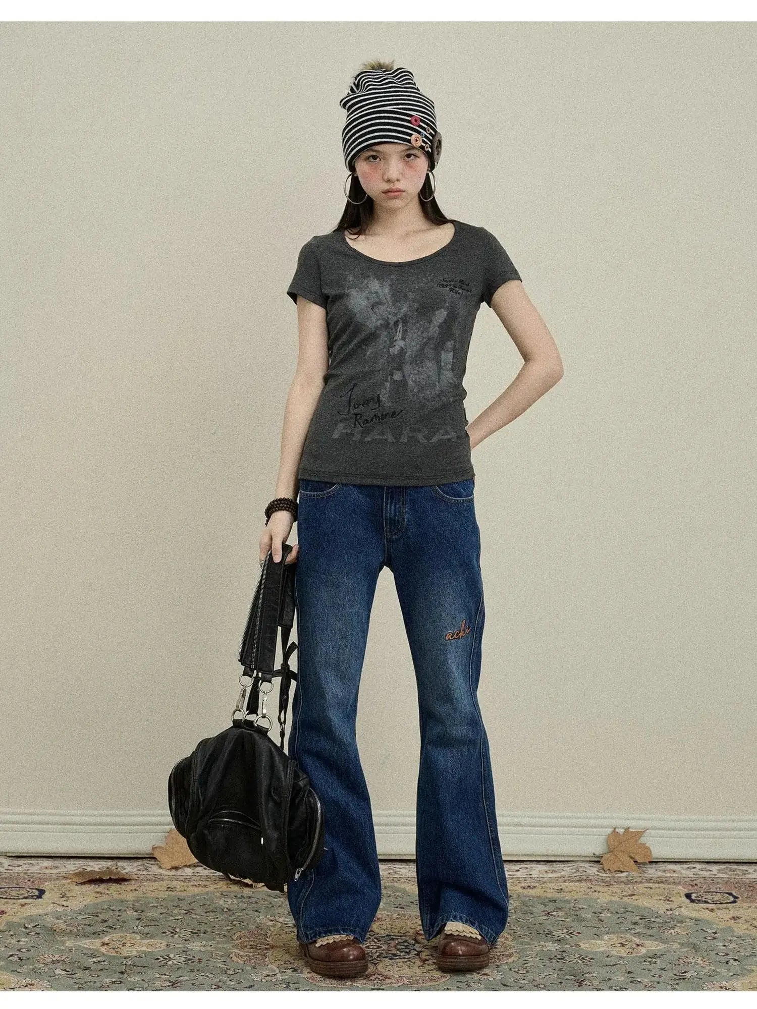Embroidered Flared Jeans Distressed Denim Trousers