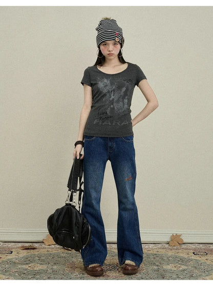 Embroidered Flared Jeans Distressed Denim Trousers