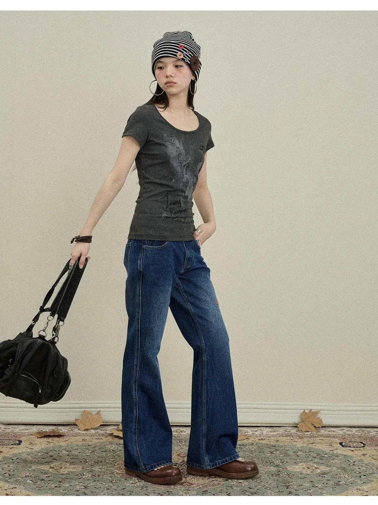 Embroidered Flared Jeans Distressed Denim Trousers