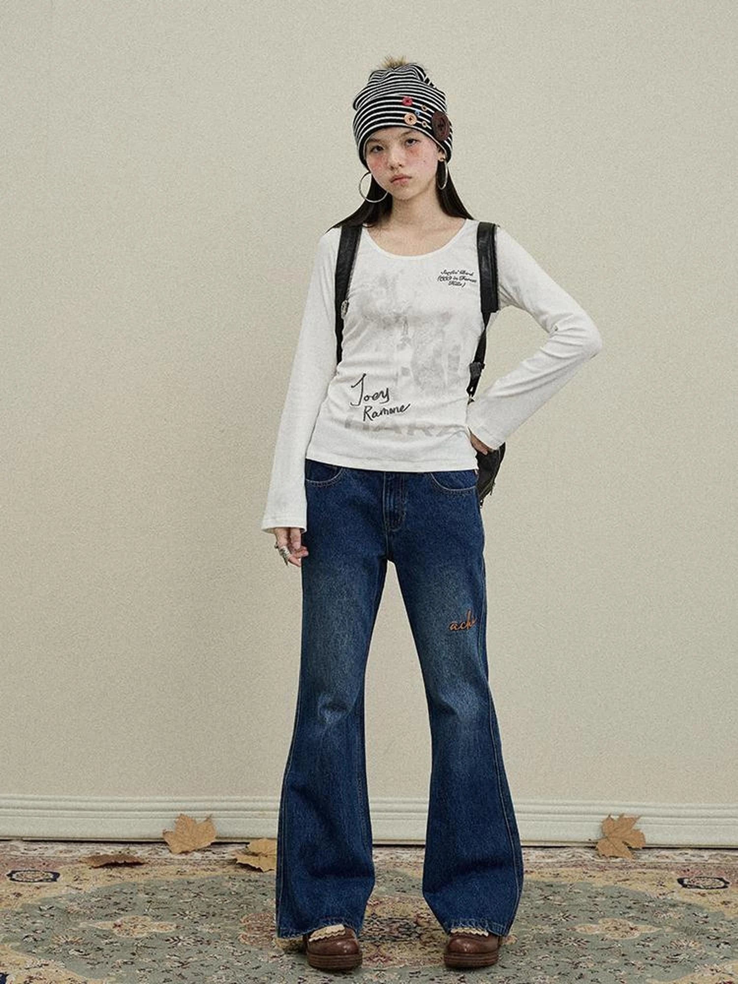 Embroidered Flared Jeans Distressed Denim Trousers