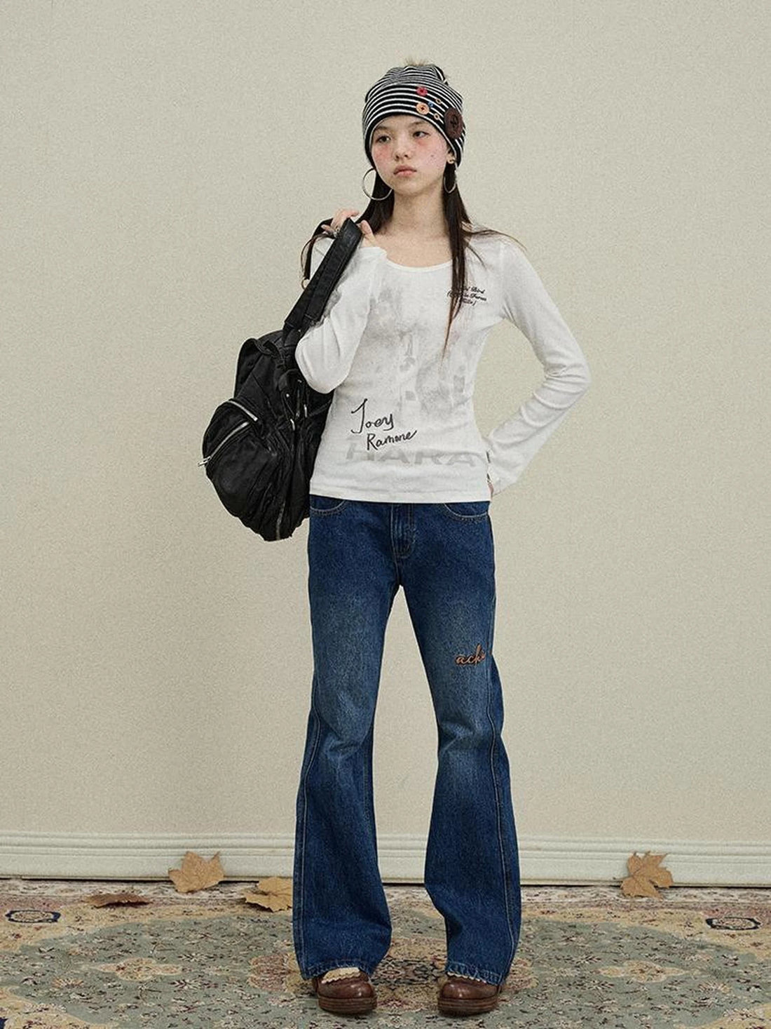 Embroidered Flared Jeans Distressed Denim Trousers