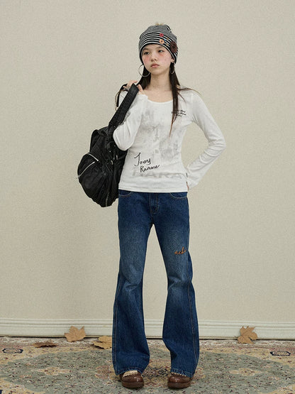 Achihara Embroidered Flared Jeans Distressed Denim Trousers-4
