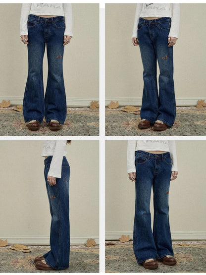 Embroidered Flared Jeans Distressed Denim Trousers