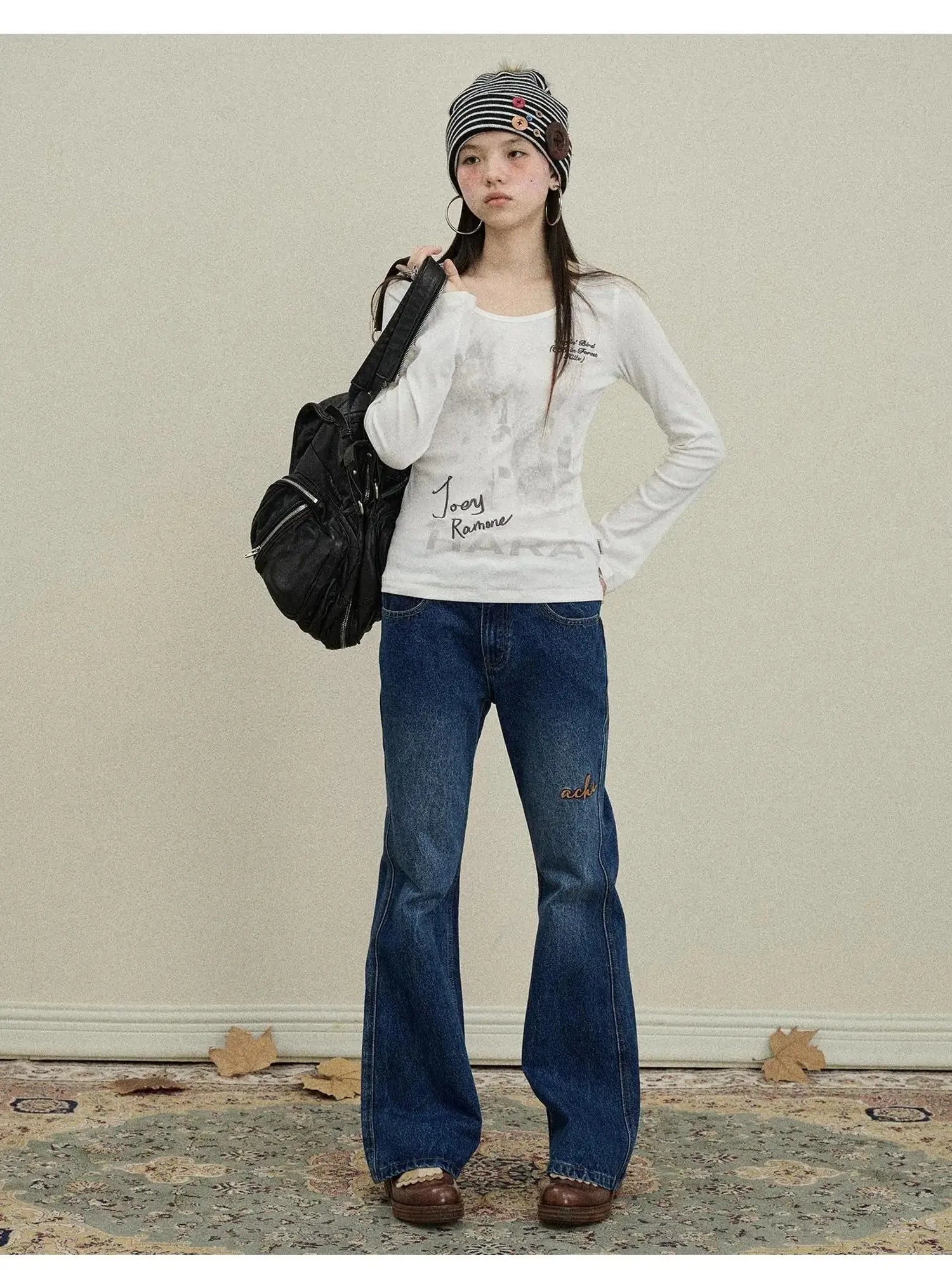 Embroidered Flared Jeans Distressed Denim Trousers