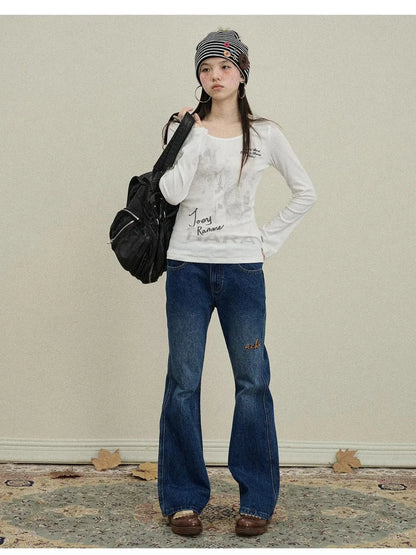 Embroidered Flared Jeans Distressed Denim Trousers