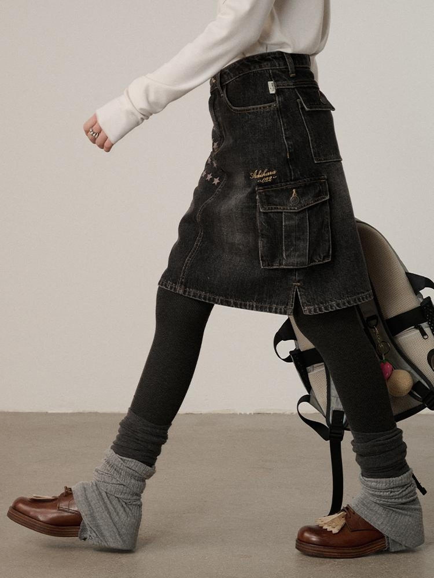 Achihara Embroidered Mid Waist A Line Washed Cotton Leather Trim Women Workwear Midi Skirt