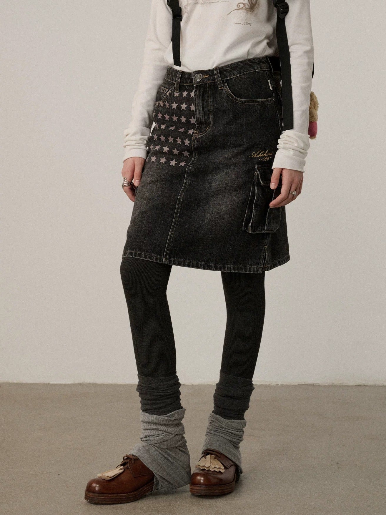 Achihara Embroidered Mid Waist A Line Washed Cotton Leather Trim Women Workwear Midi Skirt