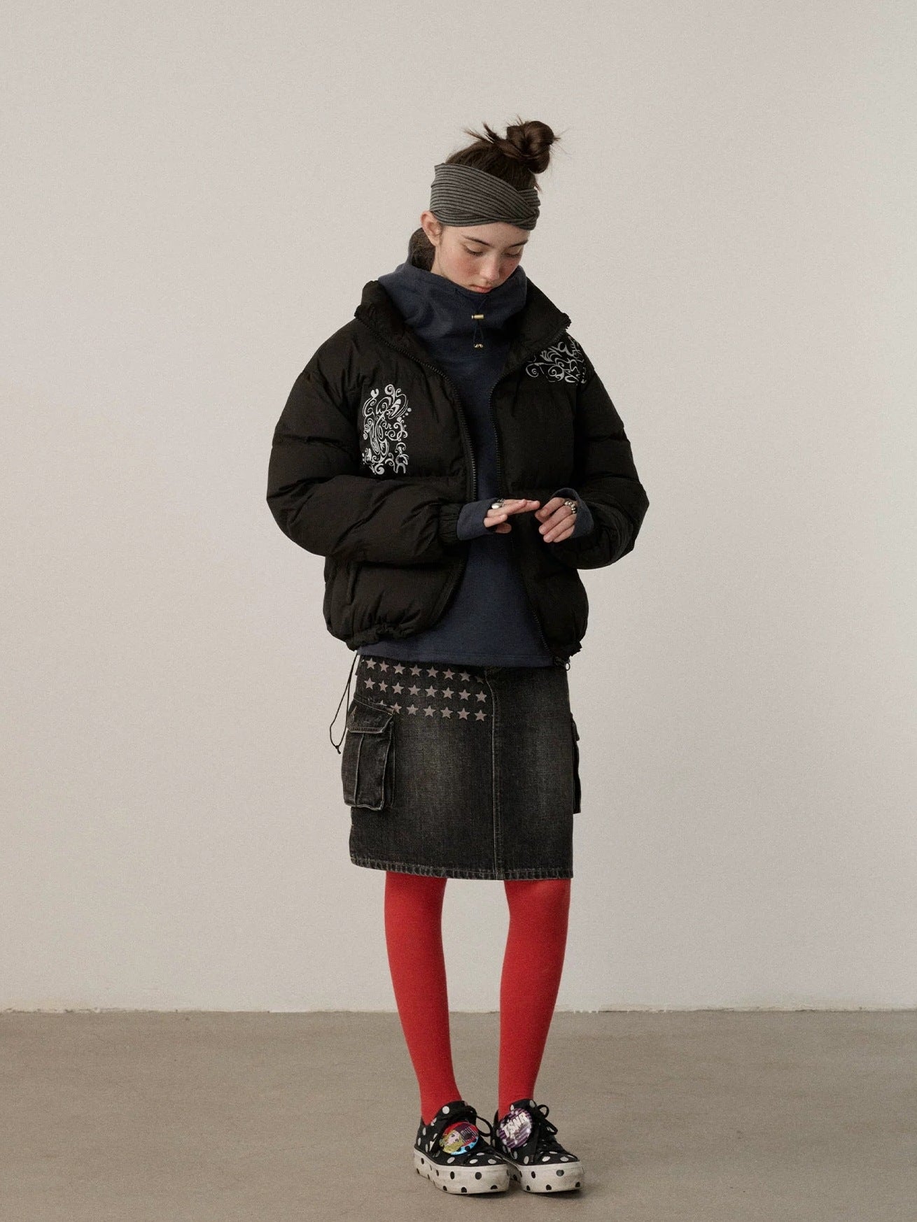 Achihara Embroidered Mid Waist A Line Washed Cotton Leather Trim Women Workwear Midi Skirt