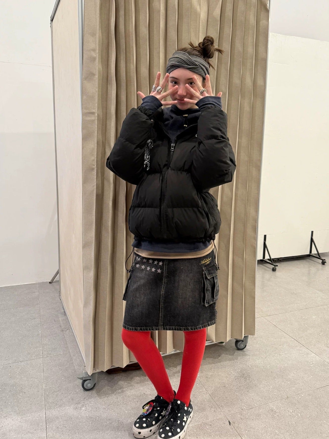 Achihara Embroidered Mid Waist A Line Washed Cotton Leather Trim Women Workwear Midi Skirt