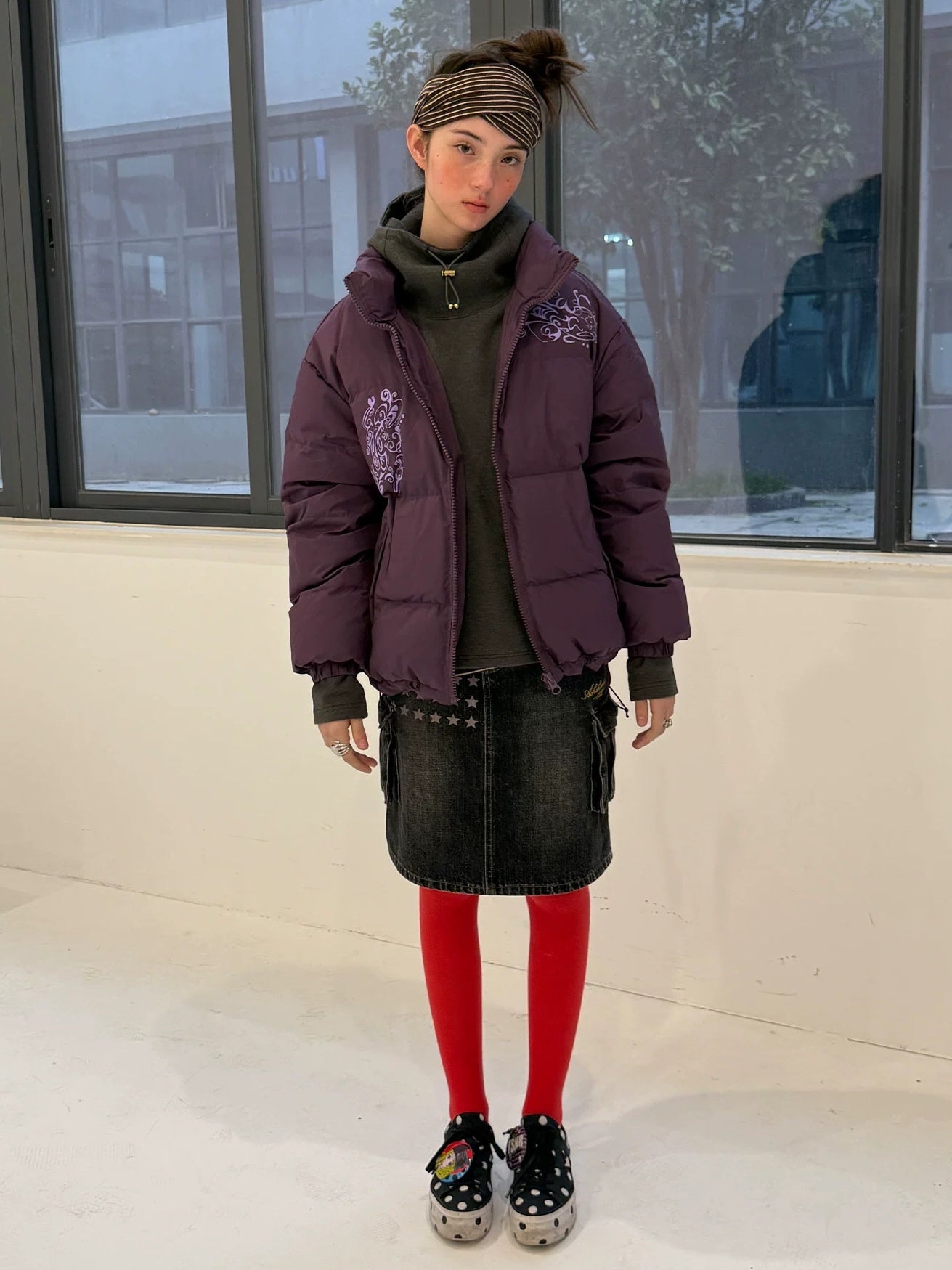 Achihara Embroidered Mid Waist A Line Washed Cotton Leather Trim Women Workwear Midi Skirt