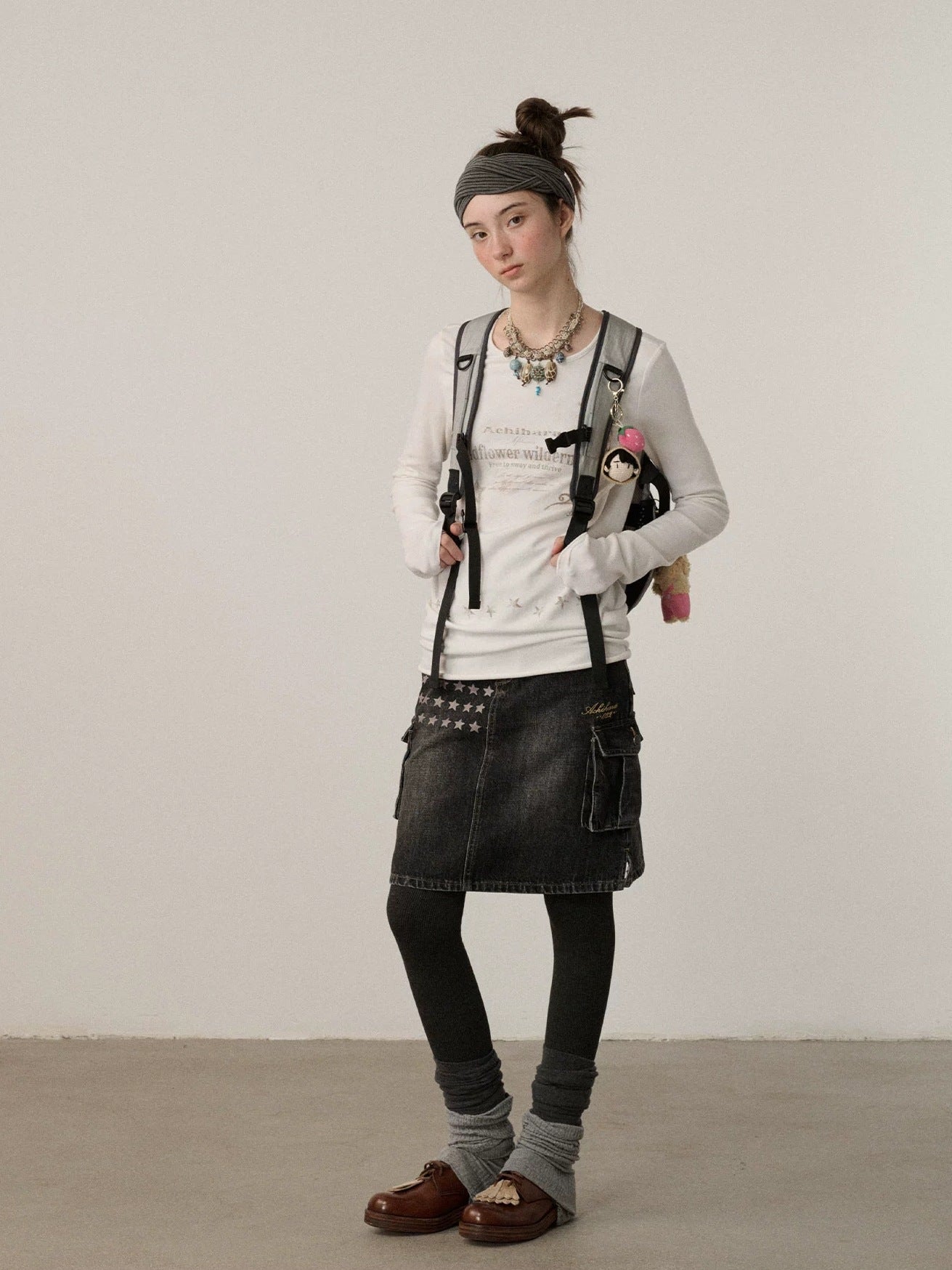 Achihara Embroidered Mid Waist A Line Washed Cotton Leather Trim Women Workwear Midi Skirt