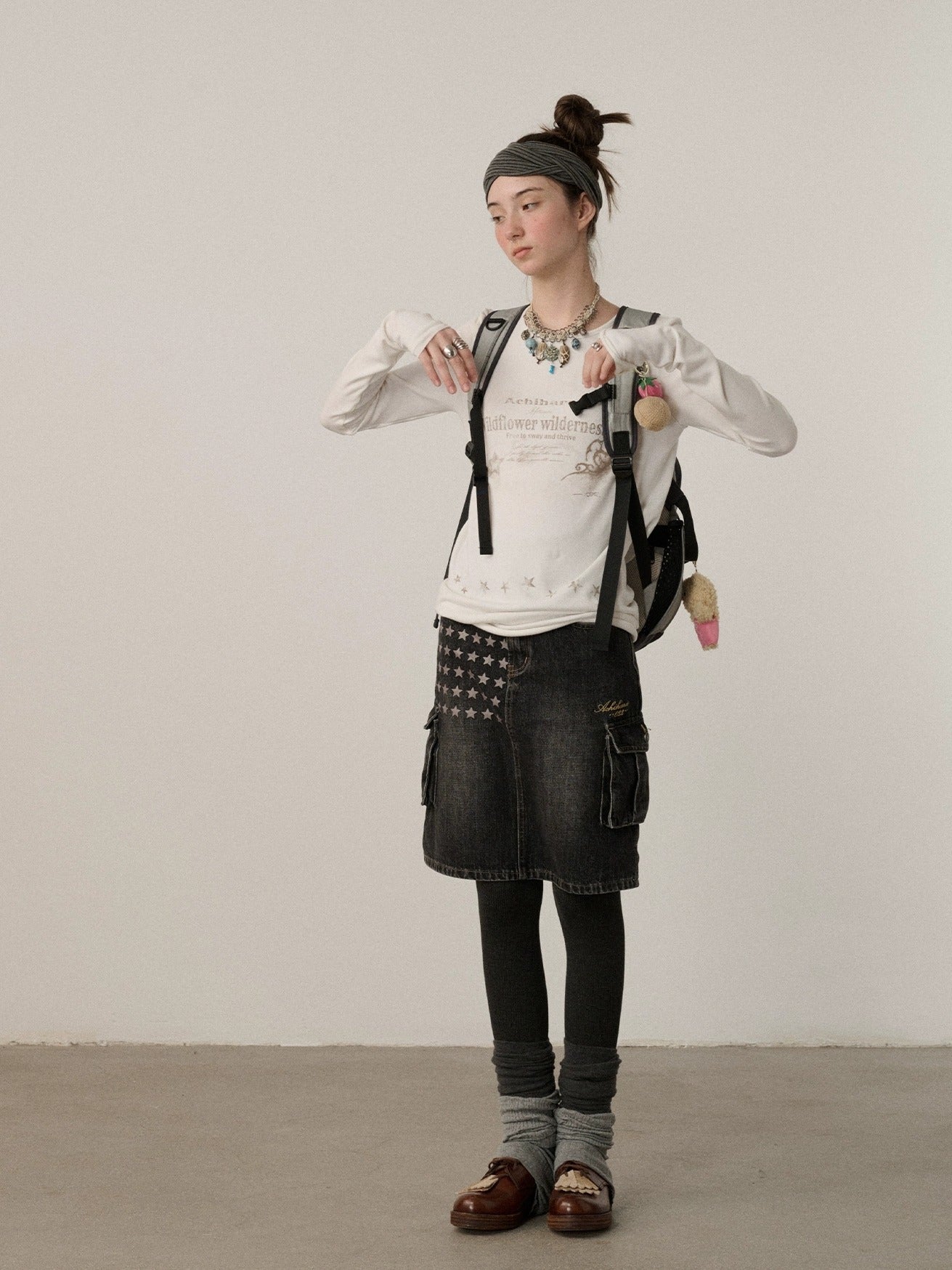 Achihara Embroidered Mid Waist A Line Washed Cotton Leather Trim Women Workwear Midi Skirt