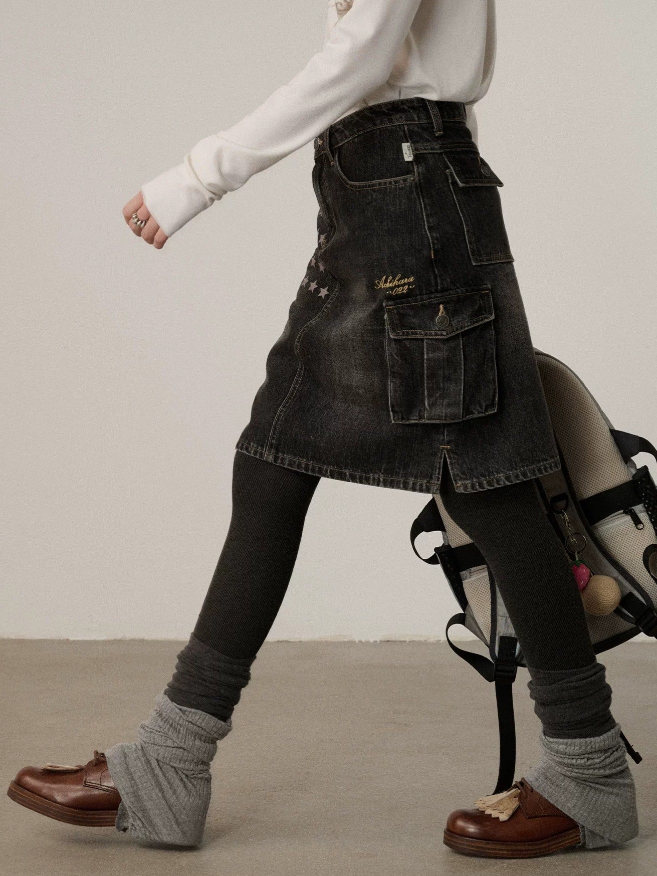 Achihara Embroidered Mid Waist A Line Washed Cotton Leather Trim Women Workwear Midi Skirt