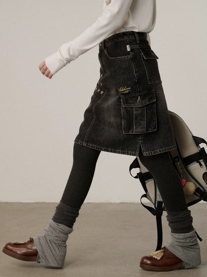 Achihara Embroidered Mid Waist A Line Washed Cotton Leather Trim Women Workwear Midi Skirt