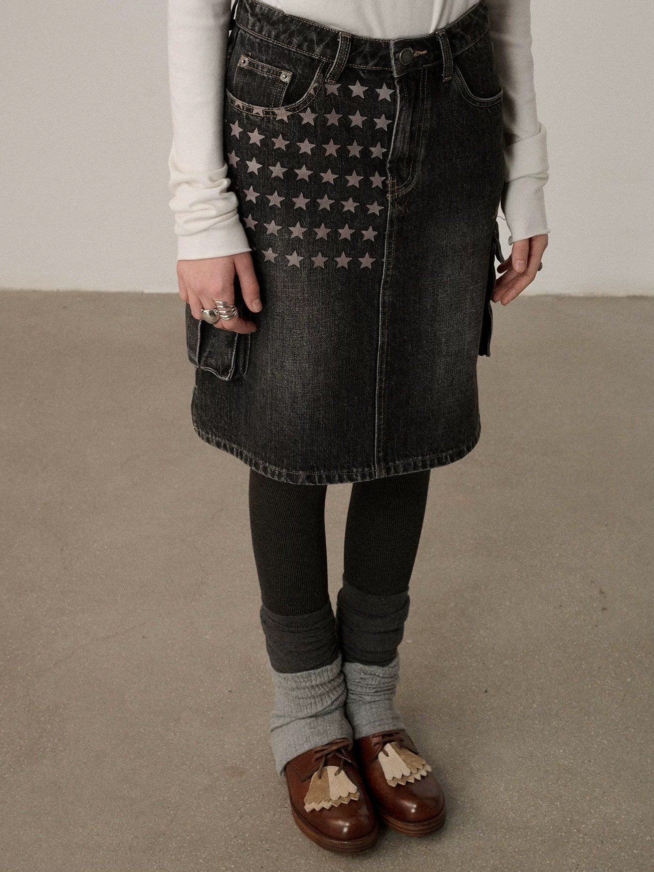 Achihara Embroidered Mid Waist A Line Washed Cotton Leather Trim Women Workwear Midi Skirt