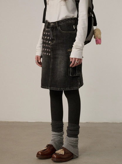 Achihara Embroidered Mid Waist A Line Washed Cotton Leather Trim Women Workwear Midi Skirt