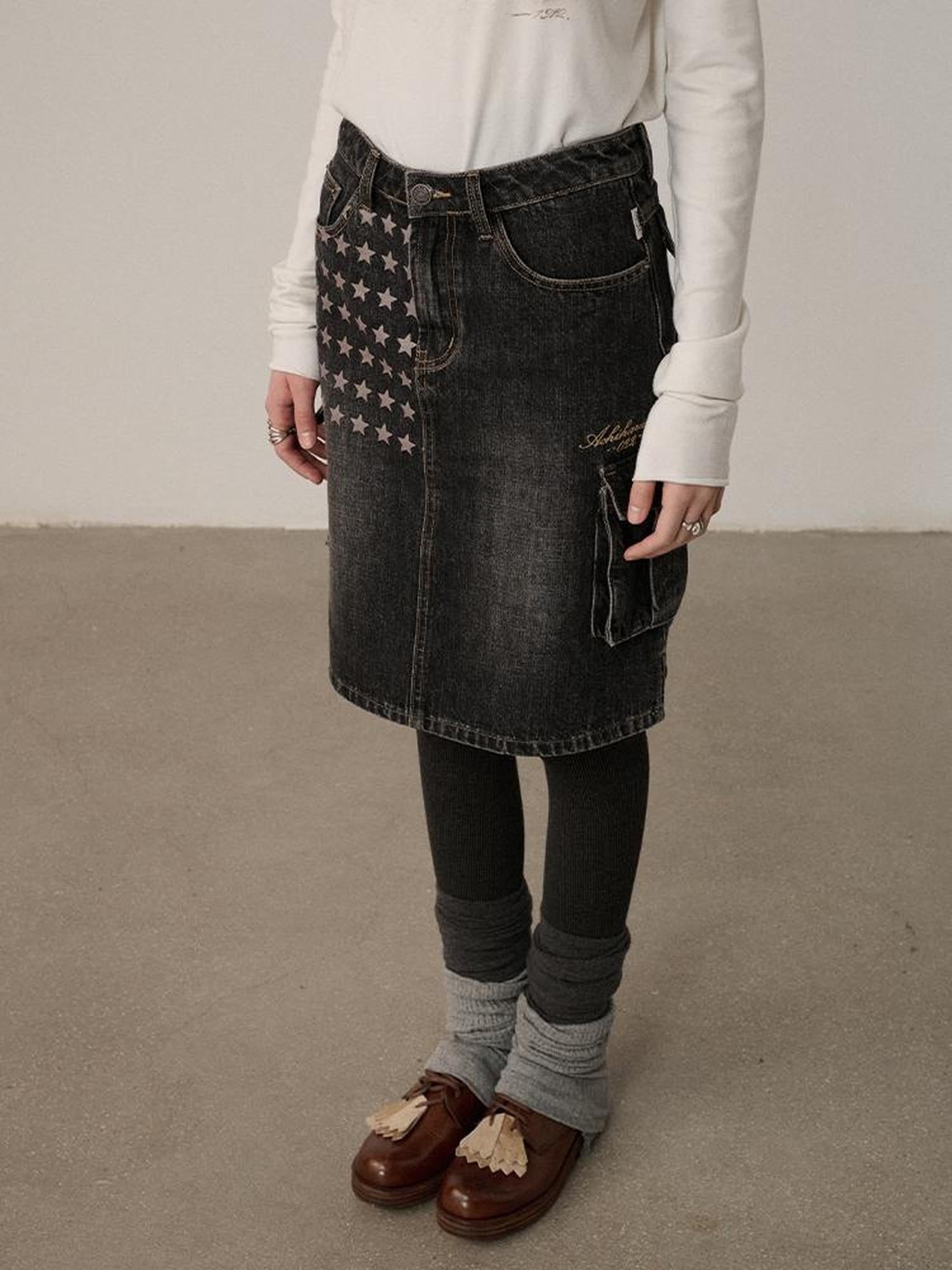 Achihara Embroidered Mid Waist A Line Washed Cotton Leather Trim Women Workwear Midi Skirt