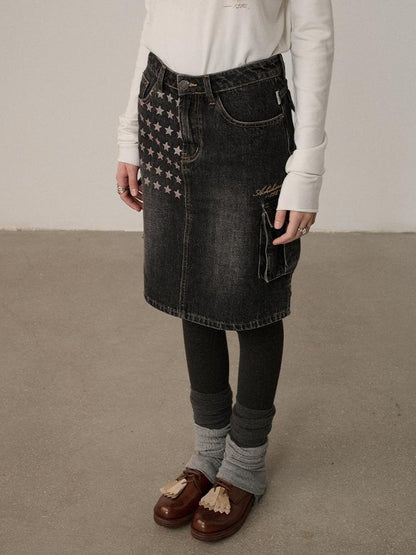 Achihara Embroidered Mid Waist A Line Washed Cotton Leather Trim Women Workwear Midi Skirt