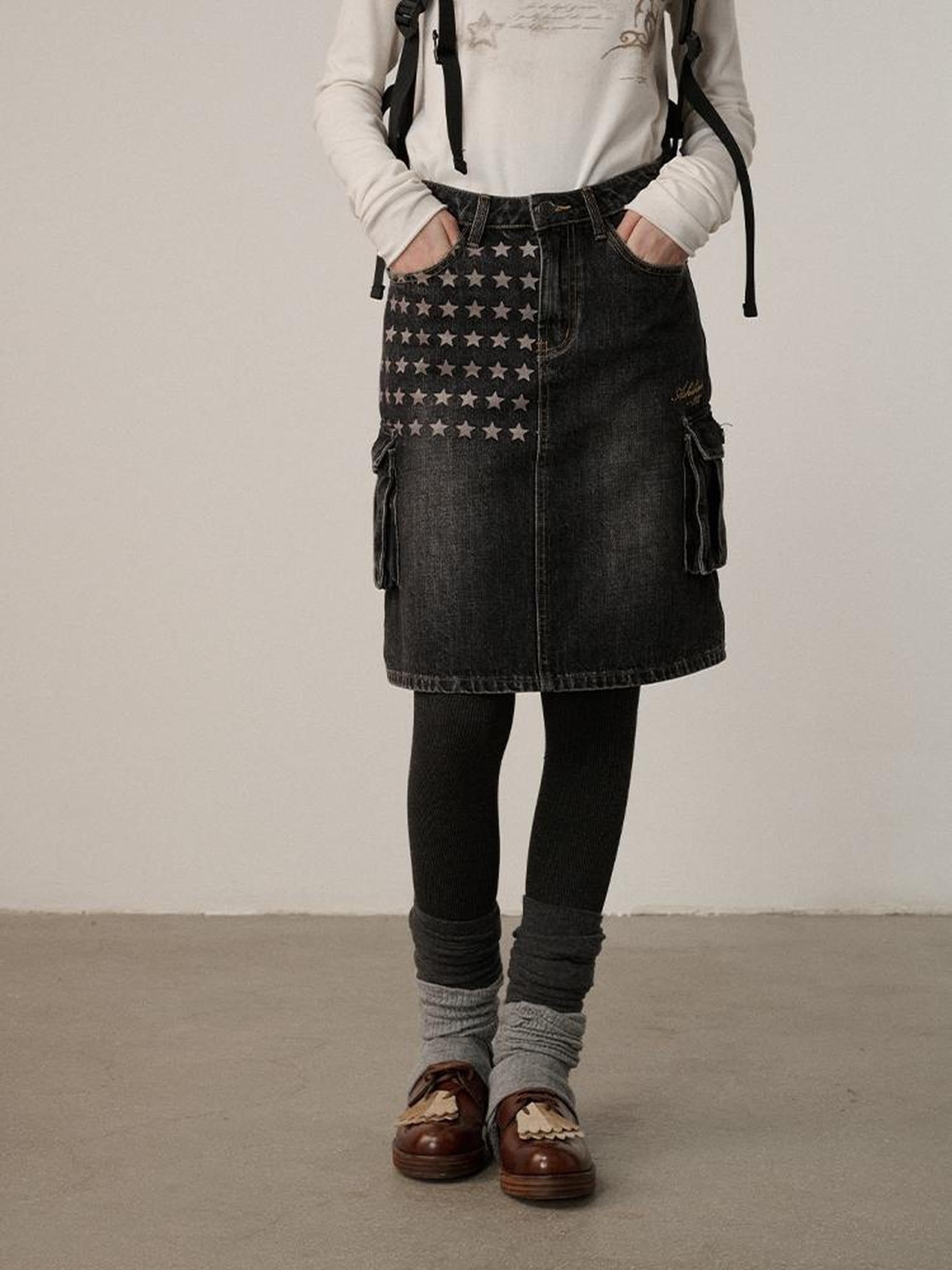 Achihara Embroidered Mid Waist A Line Washed Cotton Leather Trim Women Workwear Midi Skirt