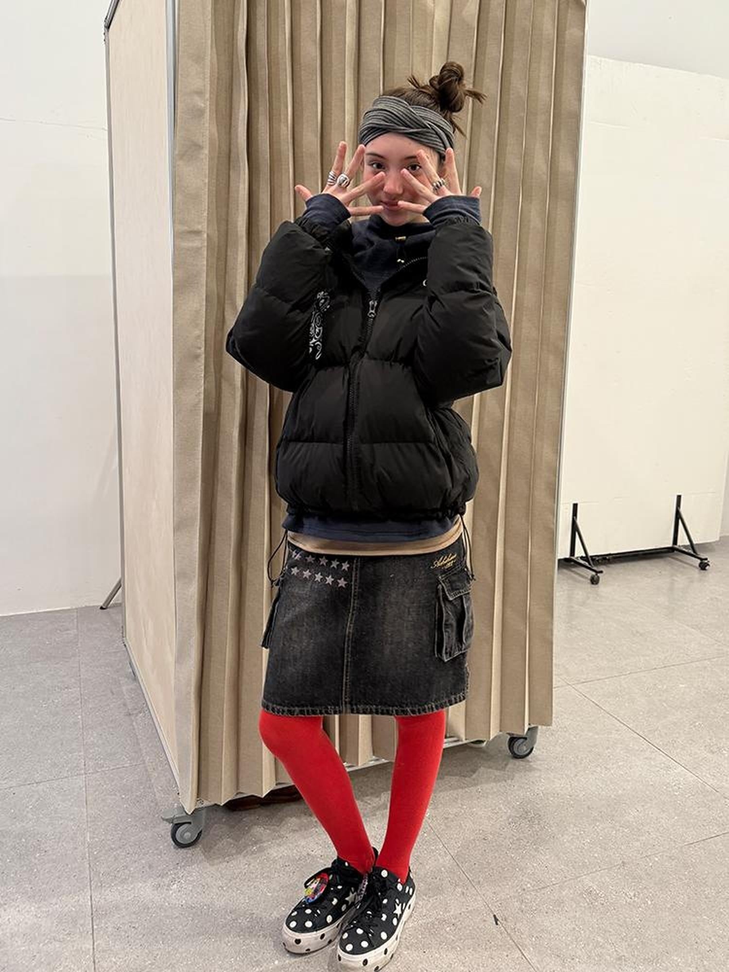 Achihara Embroidered Mid Waist A Line Washed Cotton Leather Trim Women Workwear Midi Skirt