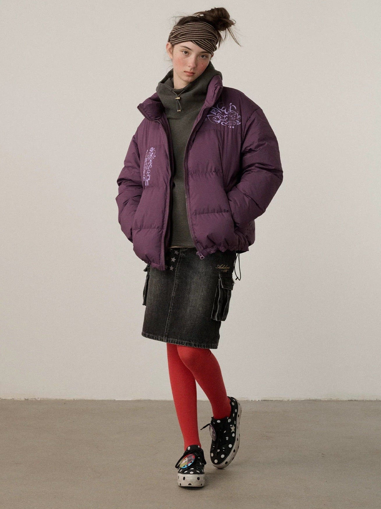 Achihara Embroidered Mid Waist A Line Washed Cotton Leather Trim Women Workwear Midi Skirt