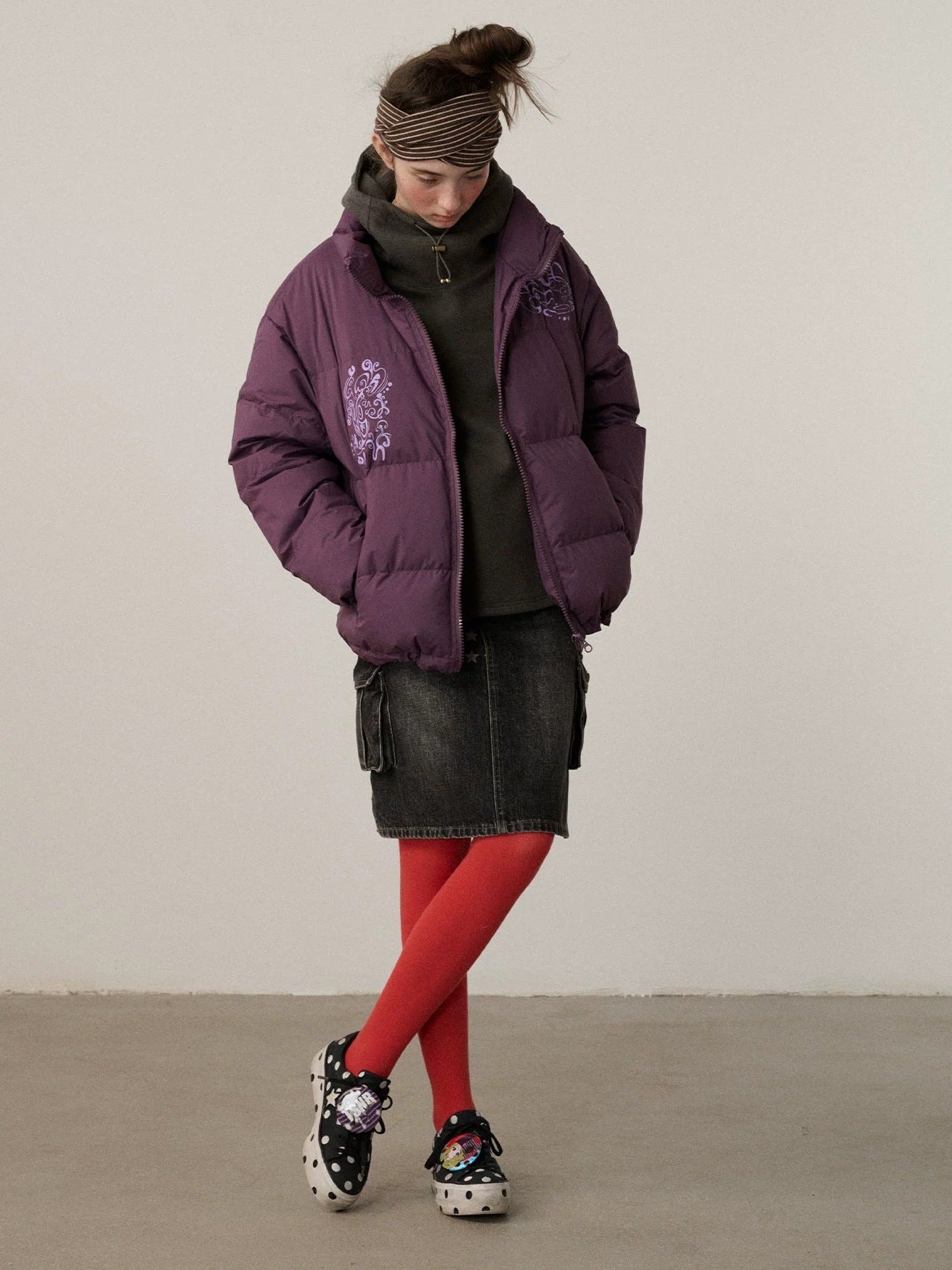 Achihara Embroidered Mid Waist A Line Washed Cotton Leather Trim Women Workwear Midi Skirt