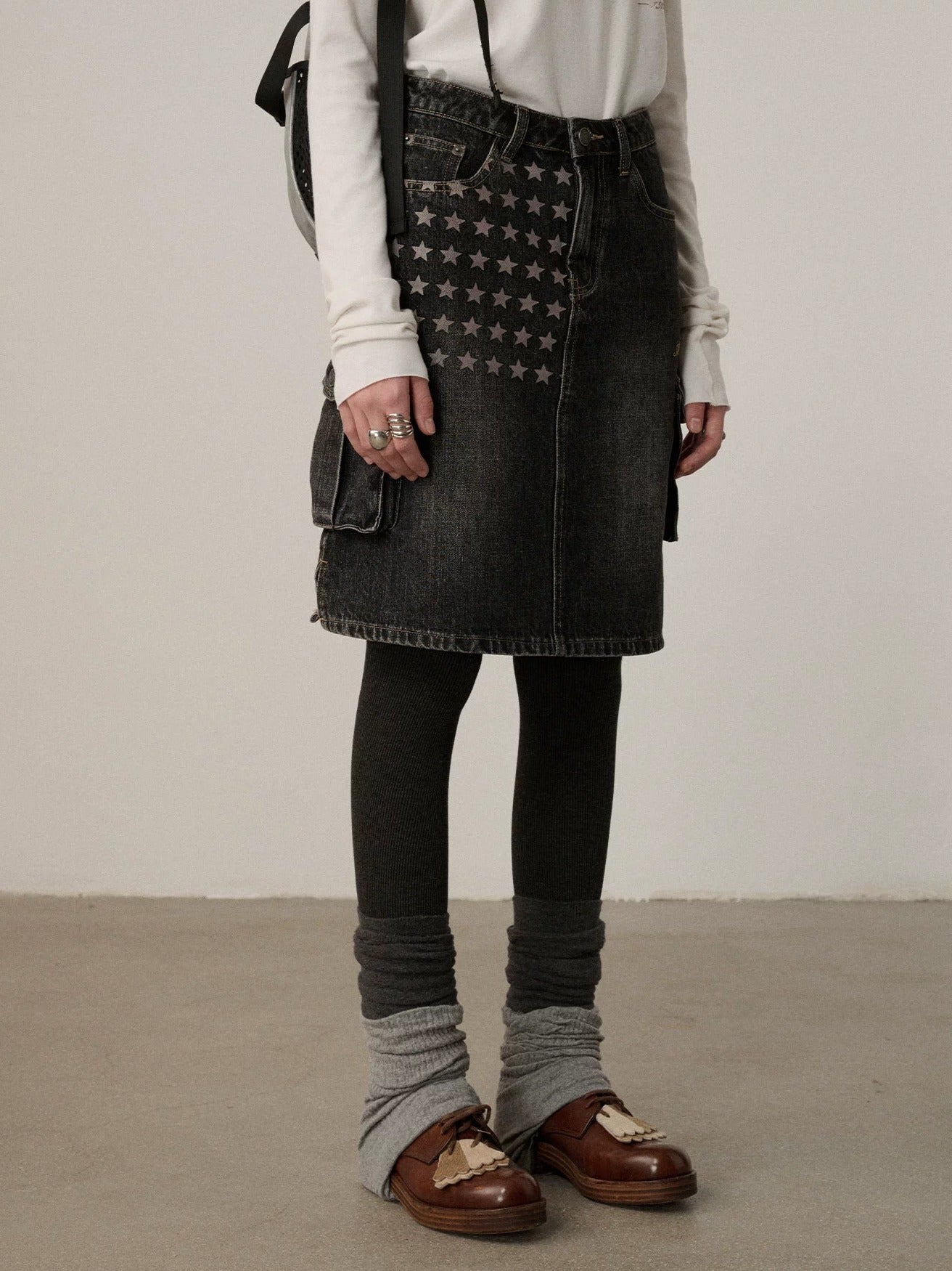 Achihara Embroidered Mid Waist A Line Washed Cotton Leather Trim Women Workwear Midi Skirt