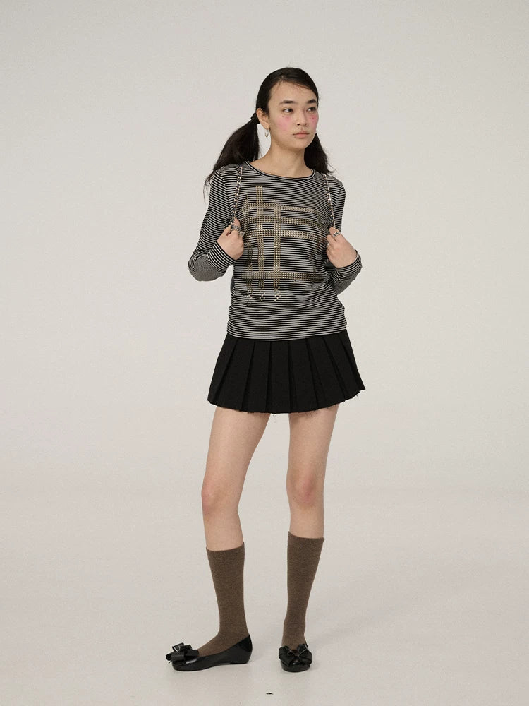 Achihara Embroidered Pleated Low Waist Straight Women Commuter Polyester Blend Mini Skirt-2