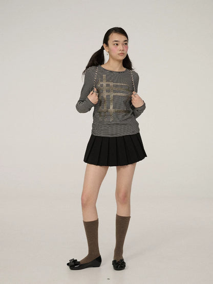 Achihara Embroidered Pleated Low Waist Straight Women Commuter Polyester Blend Mini Skirt-2