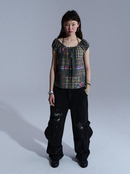 Achihara Faded Distressed Ripped Washed Utility Cargo Women&