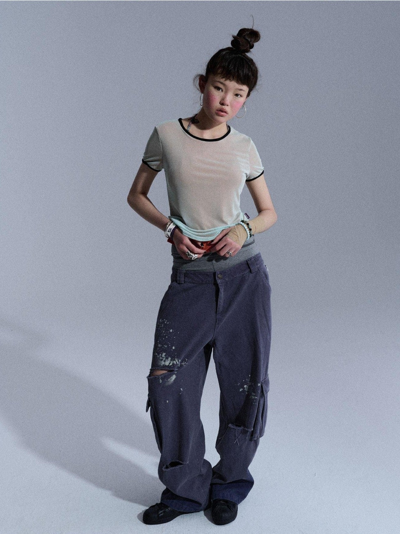 Achihara Faded Distressed Ripped Washed Utility Cargo Women&