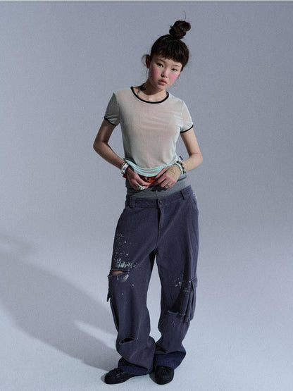 Achihara Faded Distressed Ripped Washed Utility Cargo Women&