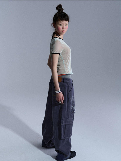 Achihara Faded Distressed Ripped Washed Utility Cargo Women&