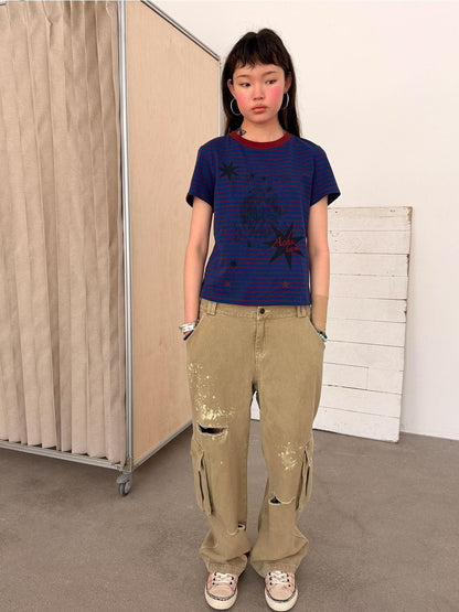 Achihara Faded Distressed Ripped Washed Utility Cargo Women&