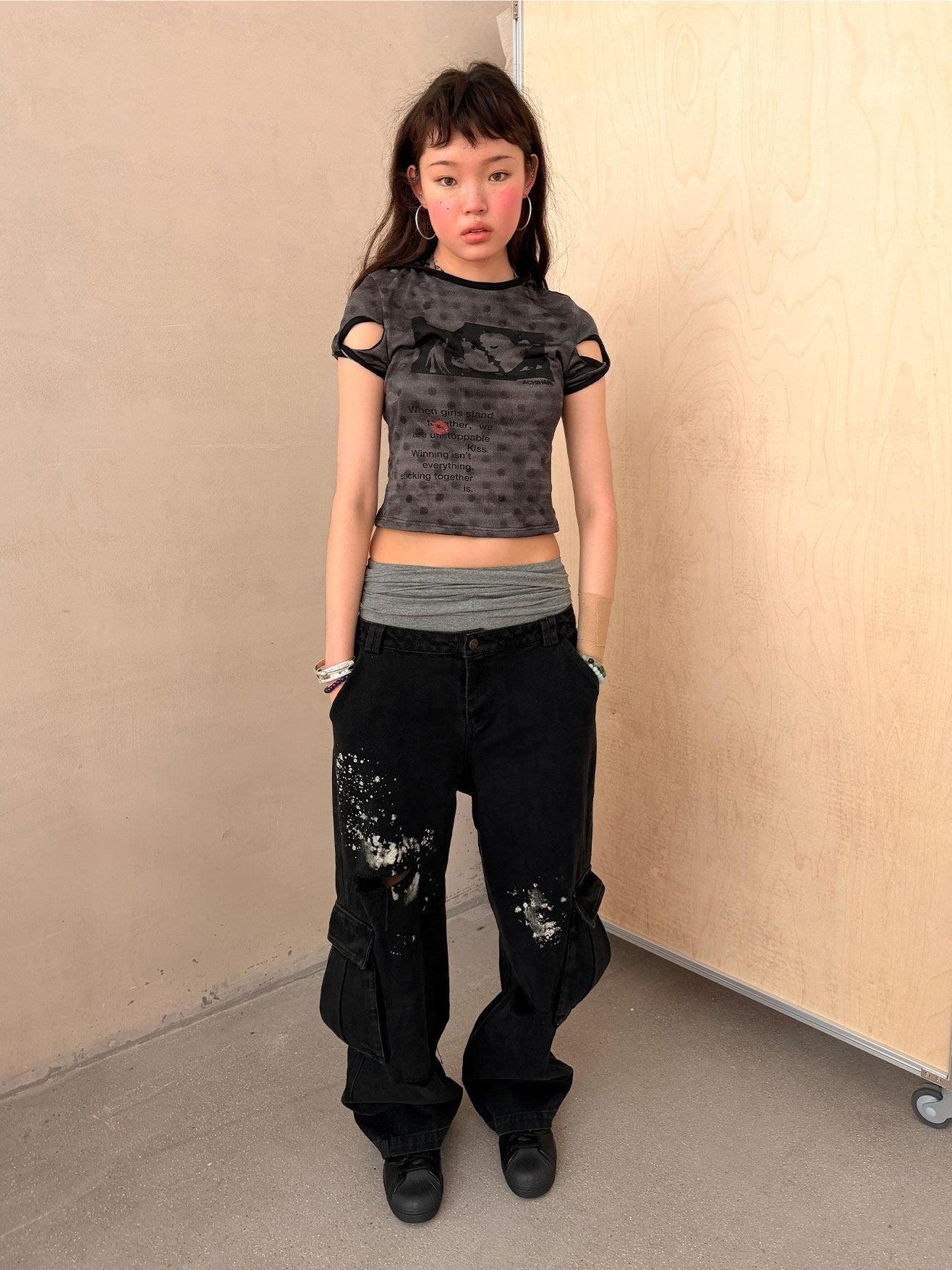 Achihara Faded Distressed Ripped Washed Utility Cargo Women&