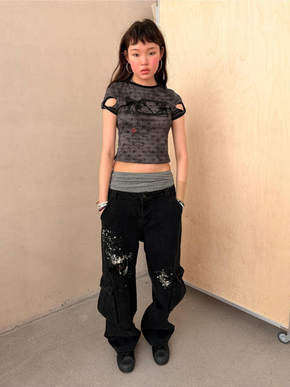Achihara Faded Distressed Ripped Washed Utility Cargo Women&