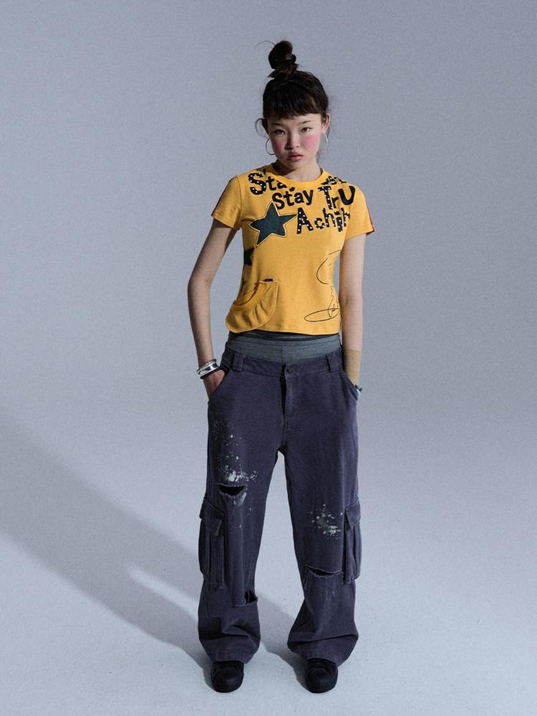 Achihara Faded Distressed Ripped Washed Utility Cargo Women&